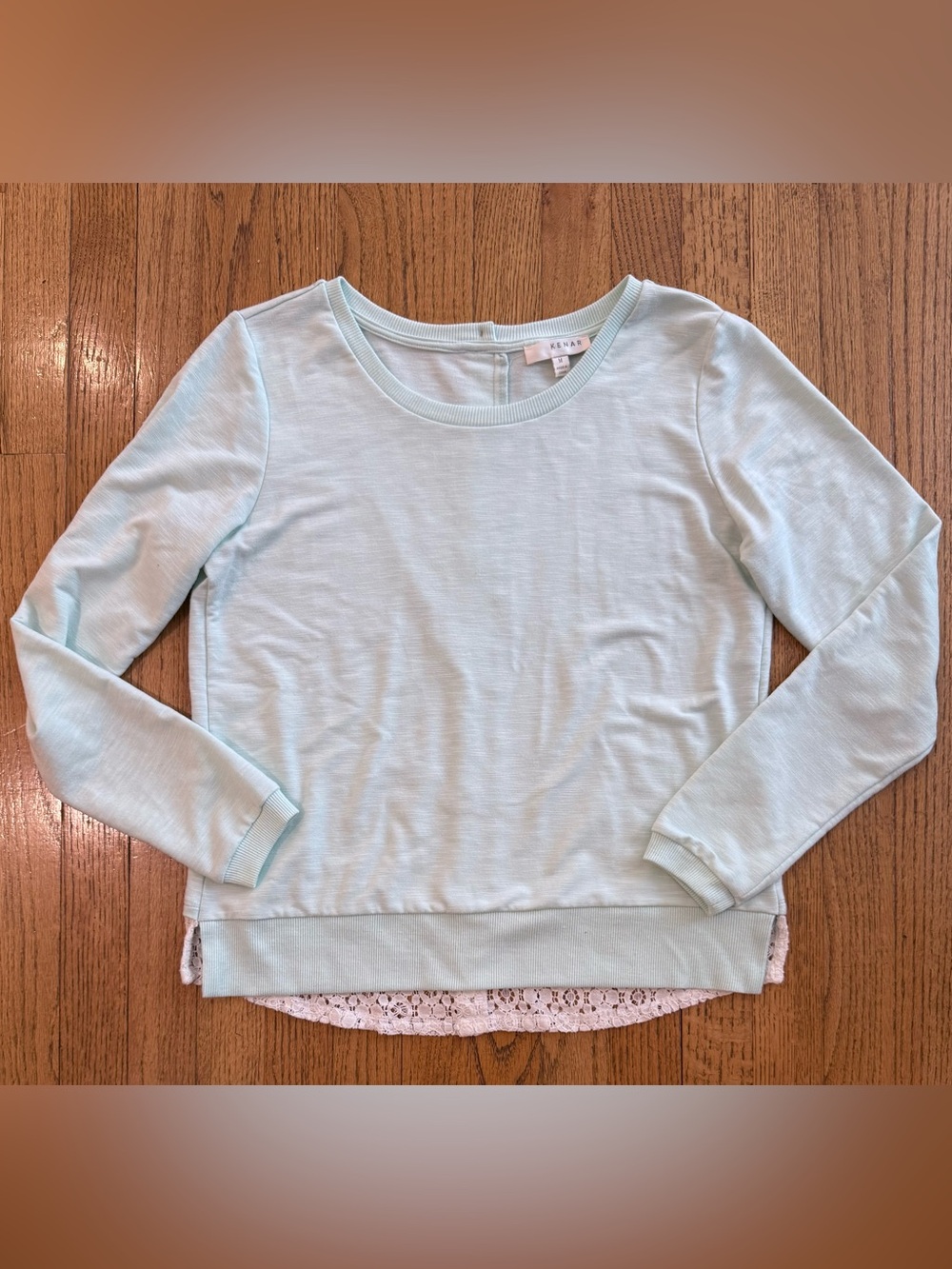 Kenar Light Blue Long-Sleeve Top with Lace Trim Size Medium